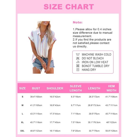 Women's Button Down Shirt Short Sleeve Summer Linen V Neck Collared Stripes Tops - Picture 3 of 3